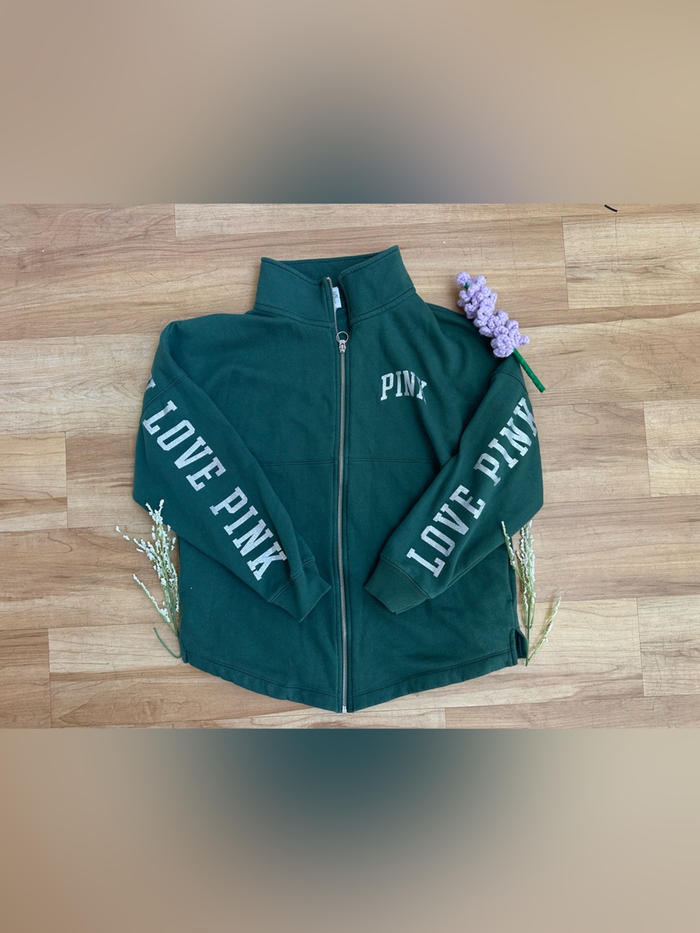 PINK Victoria's Secret Dark Green Full-Zip Crew with LOVE PINK Sleeves
